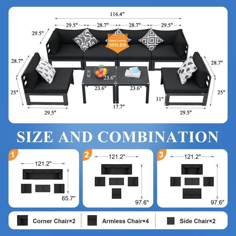 FINCATI Aluminum Patio Furniture Set Outdoor Conversation Sofa with Table - 8 Pieces