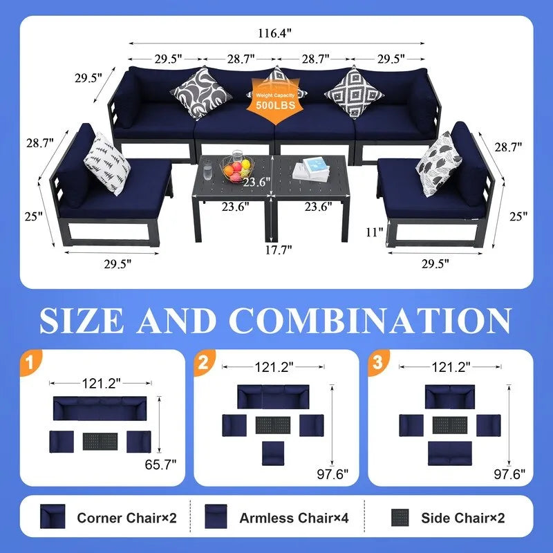 FINCATI Aluminum Patio Furniture Set Outdoor Conversation Sofa with Table - 8 Pieces