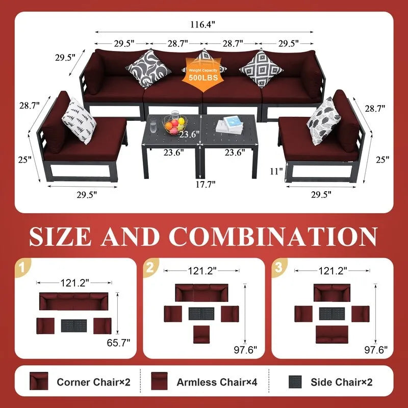 FINCATI Aluminum Patio Furniture Set Outdoor Conversation Sofa with Table - 8 Pieces