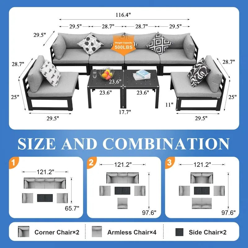 FINCATI Aluminum Patio Furniture Set Outdoor Conversation Sofa with Table - 8 Pieces
