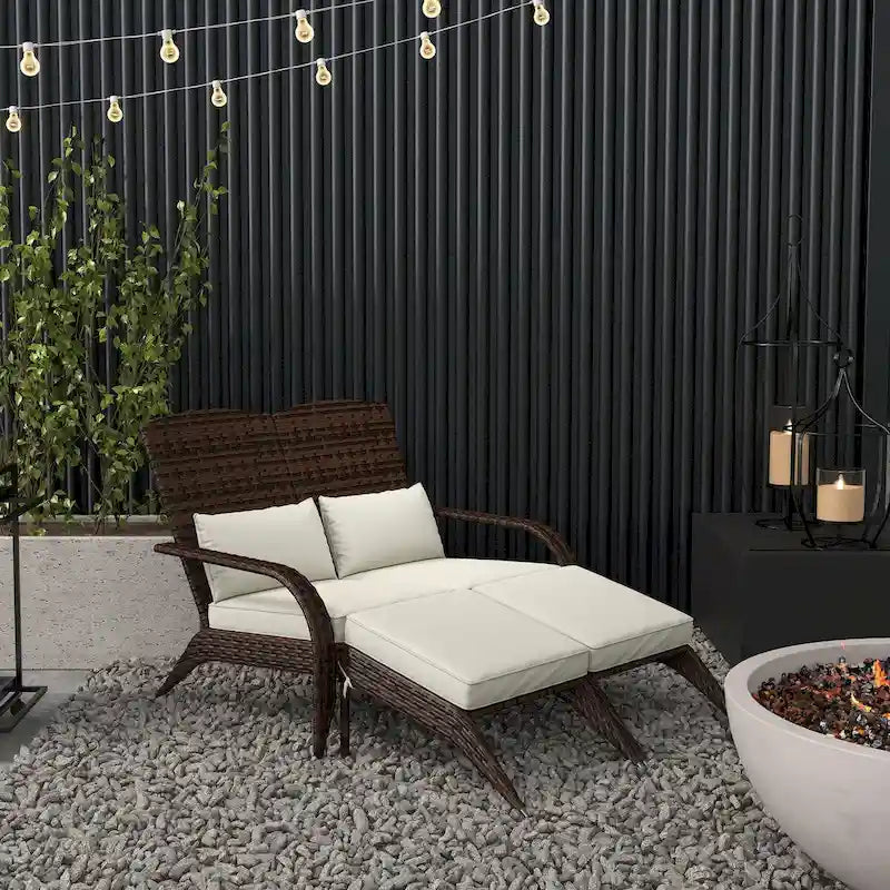 Outsunny Wicker Adirondack Chair for 2 with Cushions & Footrests, PE Rattan Fire Pit Chair