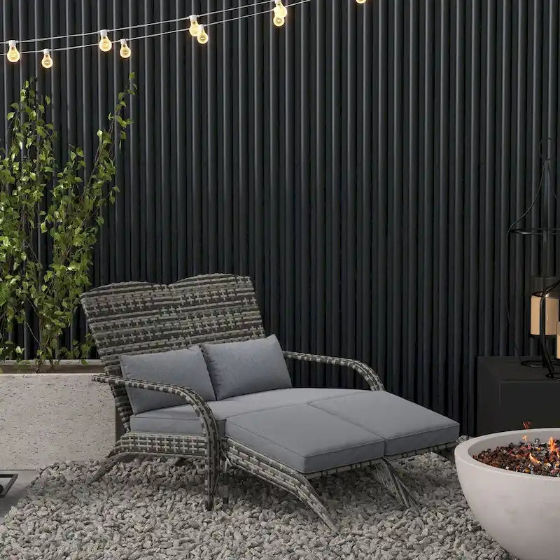 Outsunny Wicker Adirondack Chair for 2 with Cushions & Footrests, PE Rattan Fire Pit Chair