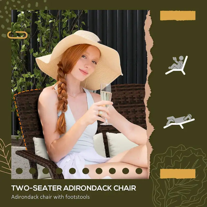 Outsunny Wicker Adirondack Chair for 2 with Cushions & Footrests, PE Rattan Fire Pit Chair