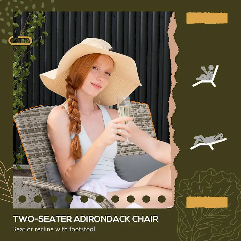 Outsunny Wicker Adirondack Chair for 2 with Cushions & Footrests, PE Rattan Fire Pit Chair