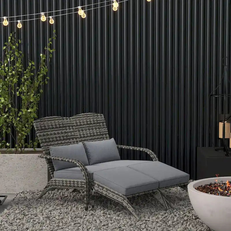 Outsunny Wicker Adirondack Chair for 2 with Cushions & Footrests, PE Rattan Fire Pit Chair