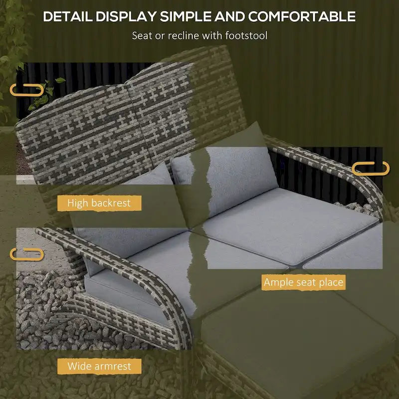 Outsunny Wicker Adirondack Chair for 2 with Cushions & Footrests, PE Rattan Fire Pit Chair