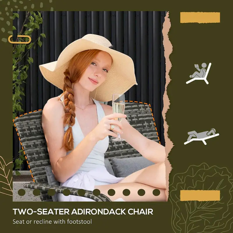 Outsunny Wicker Adirondack Chair for 2 with Cushions & Footrests, PE Rattan Fire Pit Chair