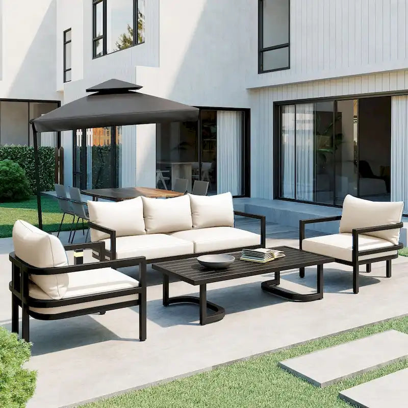 Beige 4-Piece Multi-person Outdoor Steel Sofa Set