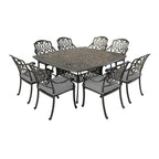 Saratoga 9-piece Gun Metal Aluminum Square Dining Set with 8 Cushioned Arm Dining Chairs