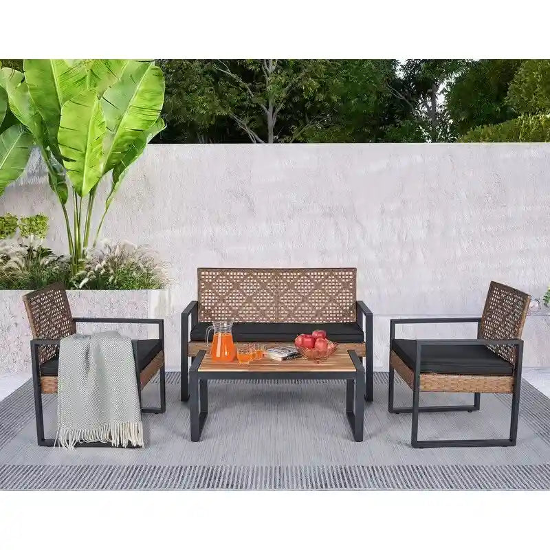 4-Piece Acacia Wood Table Top Patio Furniture Conversation Set for Balcony Porch Garden Backyard Lawn