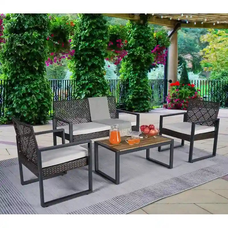 4-Piece Acacia Wood Table Top Patio Furniture Conversation Set for Balcony Porch Garden Backyard Lawn