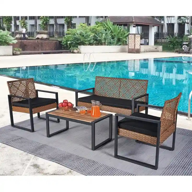 4-Piece Acacia Wood Table Top Patio Furniture Conversation Set for Balcony Porch Garden Backyard Lawn