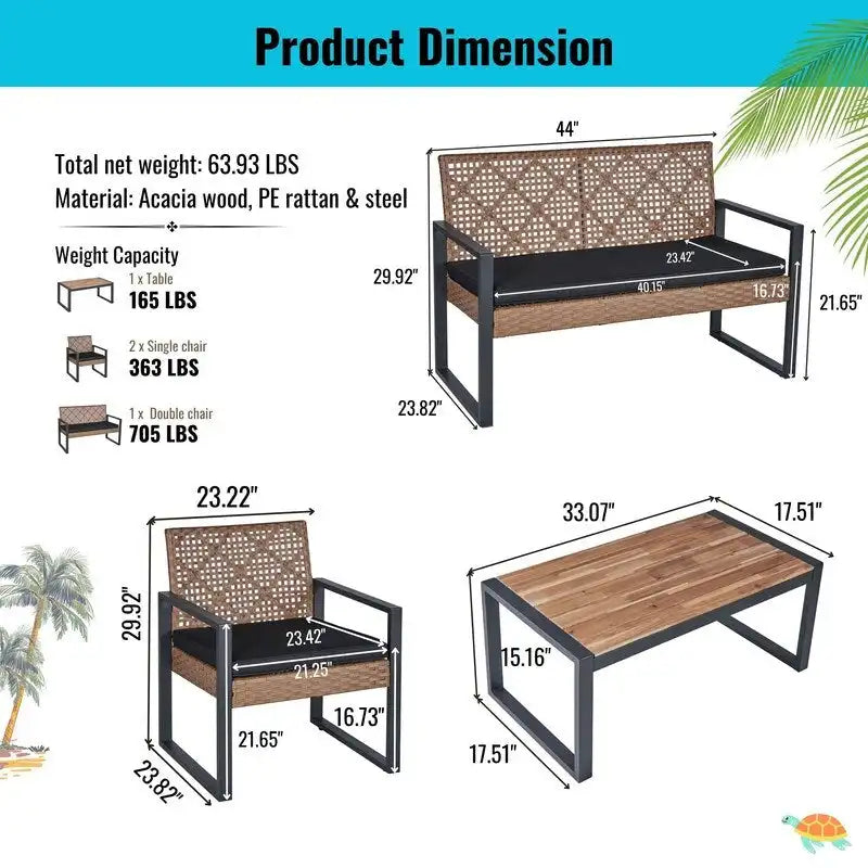 4-Piece Acacia Wood Table Top Patio Furniture Conversation Set for Balcony Porch Garden Backyard Lawn