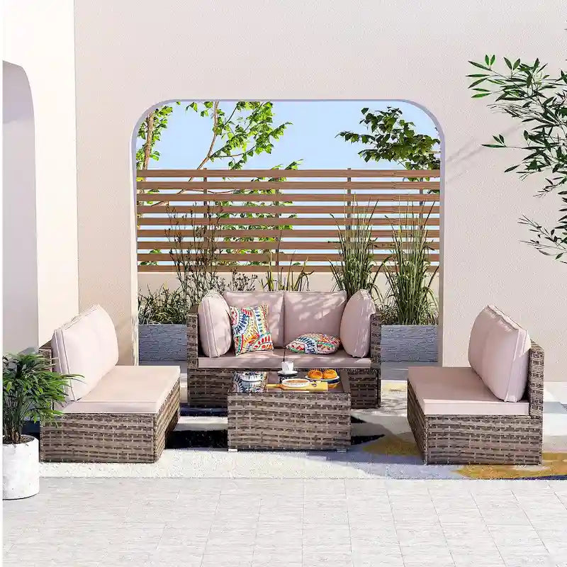 Light Brown 7-Piece Wicker Outdoor Sectional Set Patio Sofa Set with Beige Cushions and Coffee Table