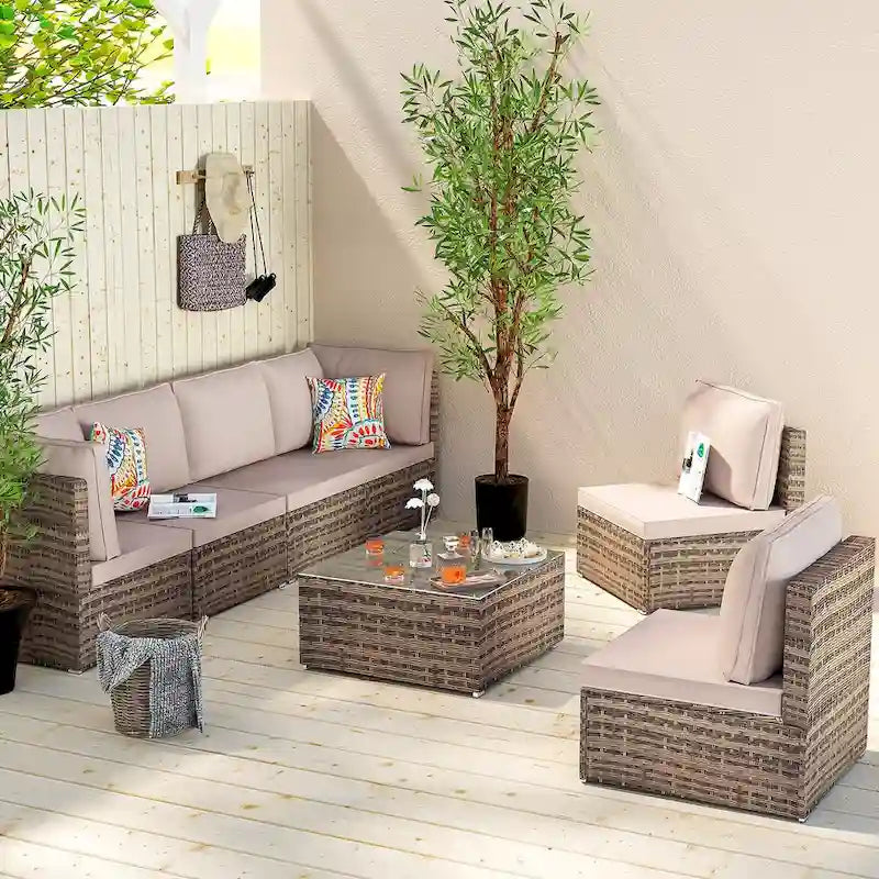 Light Brown 7-Piece Wicker Outdoor Sectional Set Patio Sofa Set with Beige Cushions and Coffee Table