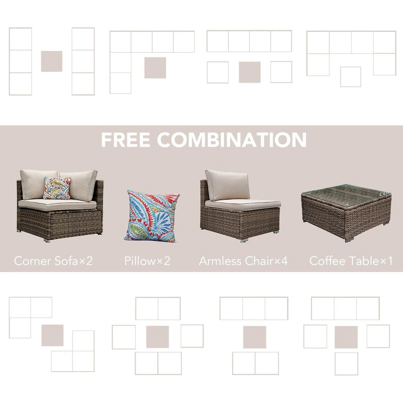 Light Brown 7-Piece Wicker Outdoor Sectional Set Patio Sofa Set with Beige Cushions and Coffee Table