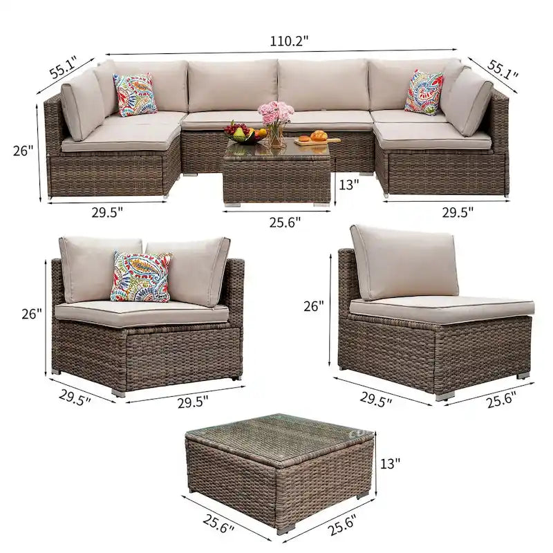 Light Brown 7-Piece Wicker Outdoor Sectional Set Patio Sofa Set with Beige Cushions and Coffee Table