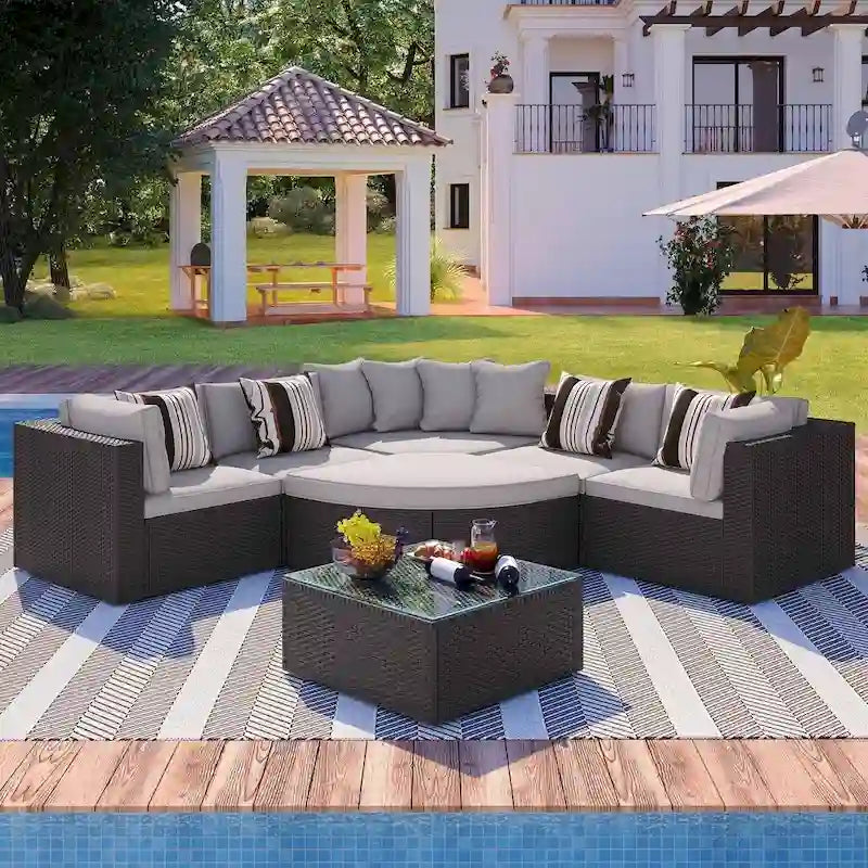 7 PCS Outdoor Wicker Sofa Set, Rattan Sofa Lounger