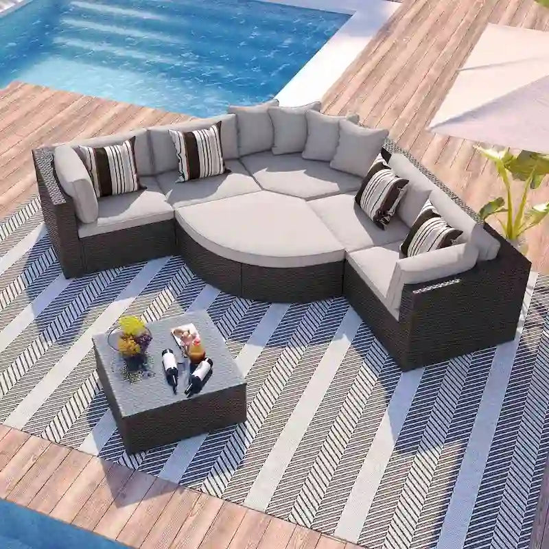 7 PCS Outdoor Wicker Sofa Set, Rattan Sofa Lounger