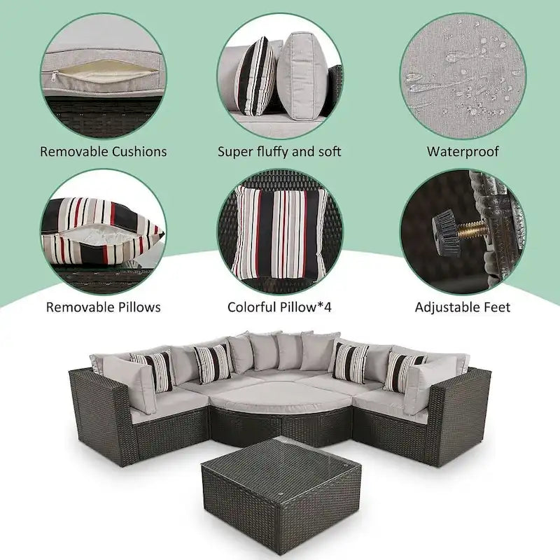 7 PCS Outdoor Wicker Sofa Set, Rattan Sofa Lounger