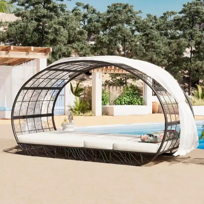 Oaks Aura Outdoor, Sunbed with Cushion, Curtain, and Colorful Pillow, Wicker Lounge Chairs, Adjustable Recliners for Garden