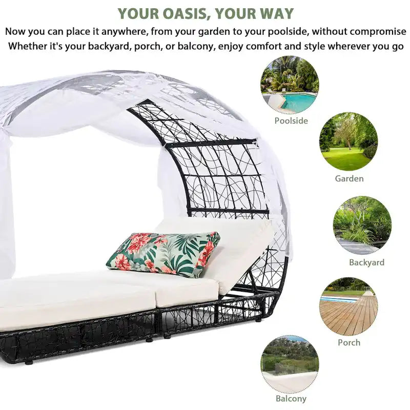 Oaks Aura Outdoor, Sunbed with Cushion, Curtain, and Colorful Pillow, Wicker Lounge Chairs, Adjustable Recliners for Garden