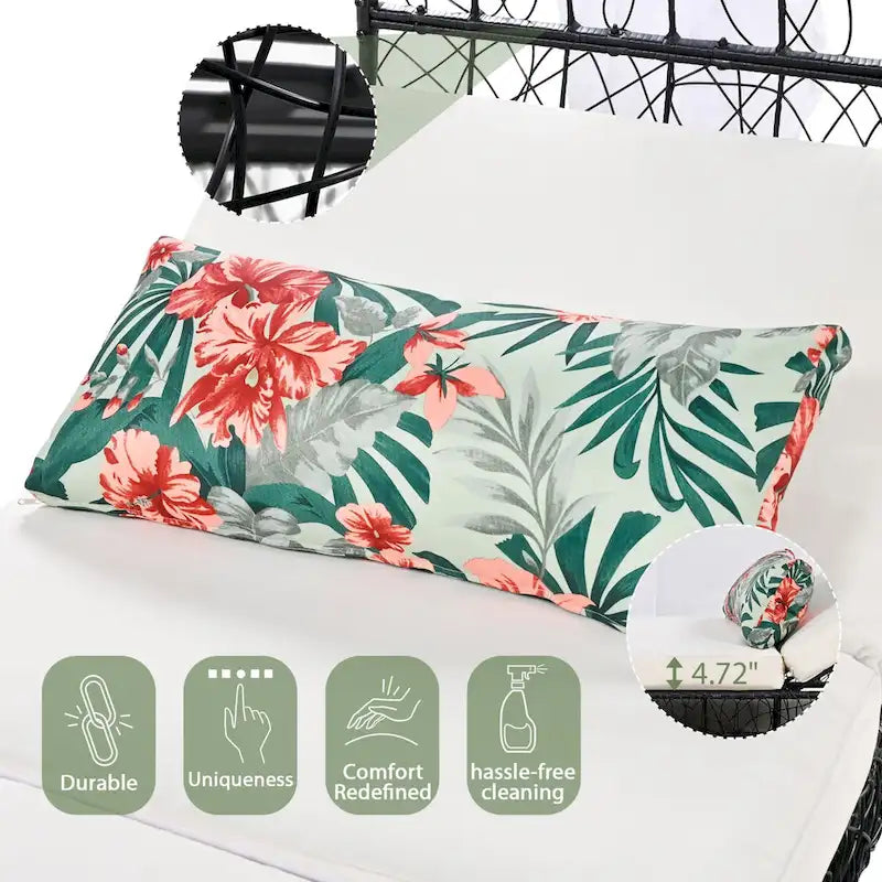 Oaks Aura Outdoor, Sunbed with Cushion, Curtain, and Colorful Pillow, Wicker Lounge Chairs, Adjustable Recliners for Garden