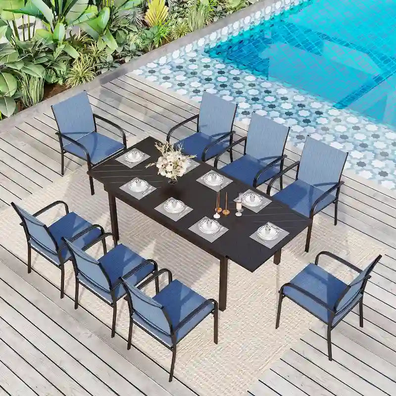 MAISON ARTS 9-Piece Patio Dining Set with Expandable Rectangular Metal Table and 8 Textilene Dining Chairs