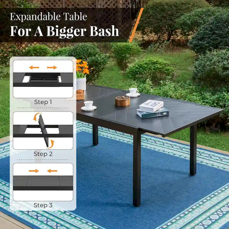 MAISON ARTS 9-Piece Patio Dining Set with Expandable Rectangular Metal Table and 8 Textilene Dining Chairs