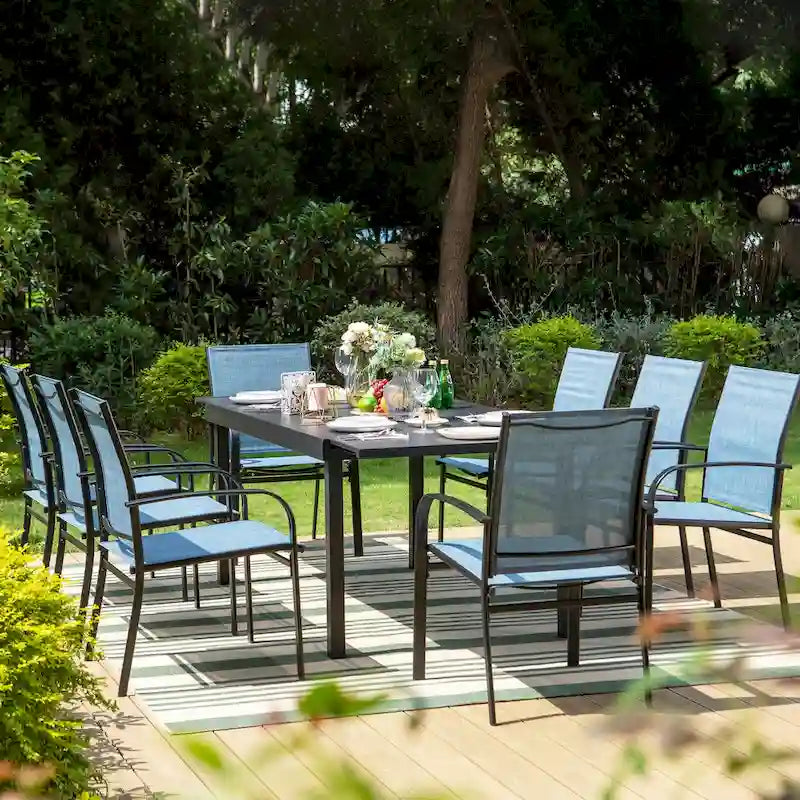 MAISON ARTS 9-Piece Patio Dining Set with Expandable Rectangular Metal Table and 8 Textilene Dining Chairs