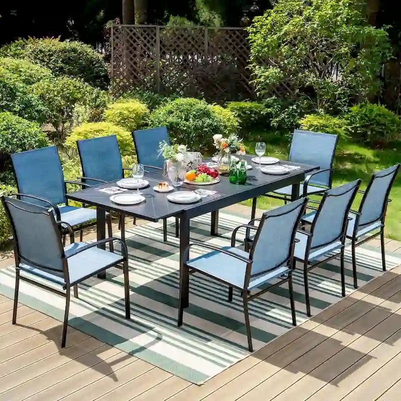 MAISON ARTS 9-Piece Patio Dining Set with Expandable Rectangular Metal Table and 8 Textilene Dining Chairs