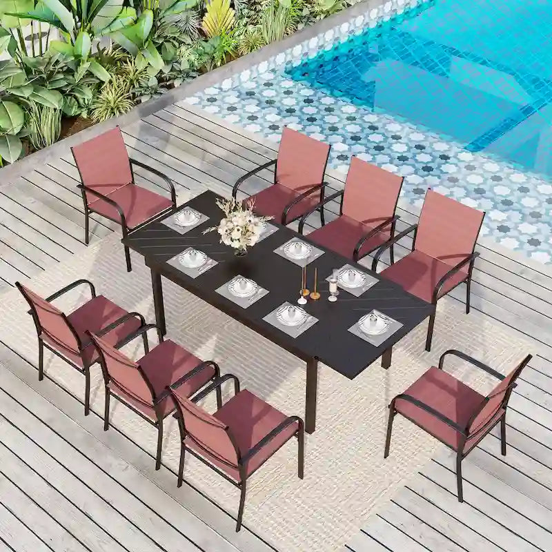 MAISON ARTS 9-Piece Patio Dining Set with Expandable Rectangular Metal Table and 8 Textilene Dining Chairs
