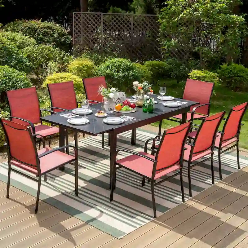 MAISON ARTS 9-Piece Patio Dining Set with Expandable Rectangular Metal Table and 8 Textilene Dining Chairs