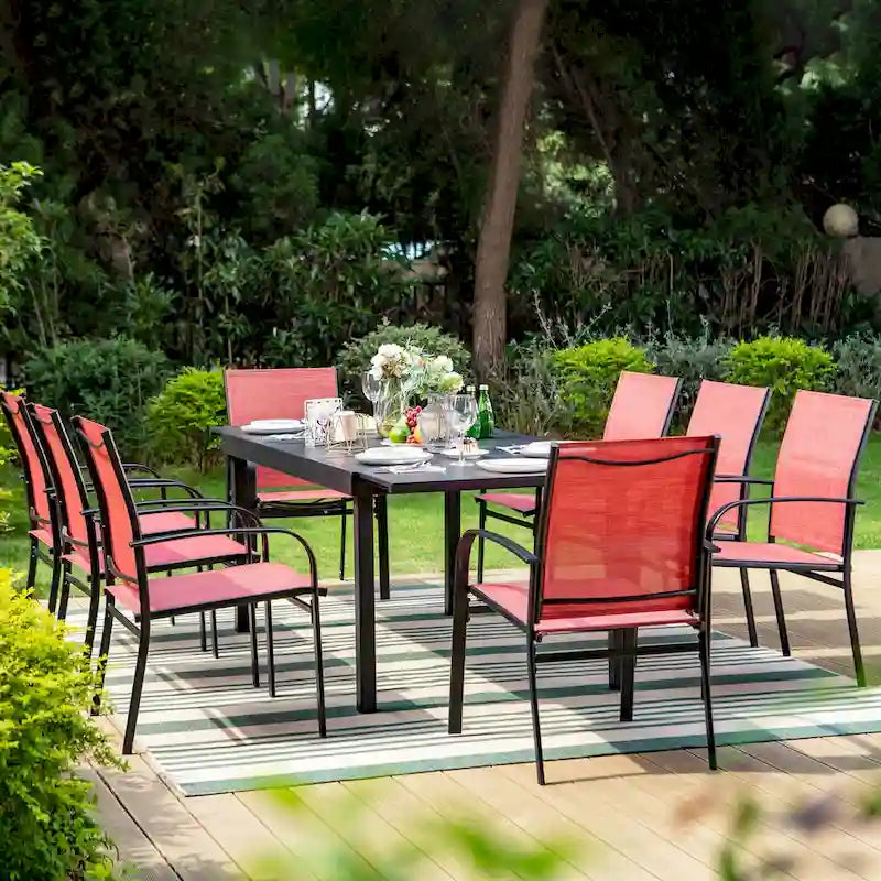 MAISON ARTS 9-Piece Patio Dining Set with Expandable Rectangular Metal Table and 8 Textilene Dining Chairs