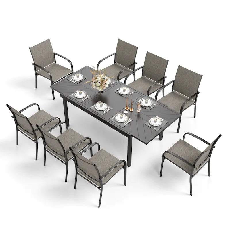 MAISON ARTS 9-Piece Patio Dining Set with Expandable Rectangular Metal Table and 8 Textilene Dining Chairs