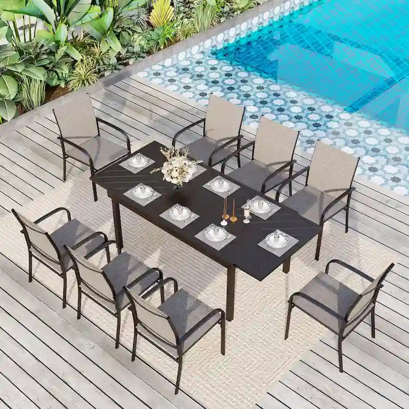 MAISON ARTS 9-Piece Patio Dining Set with Expandable Rectangular Metal Table and 8 Textilene Dining Chairs