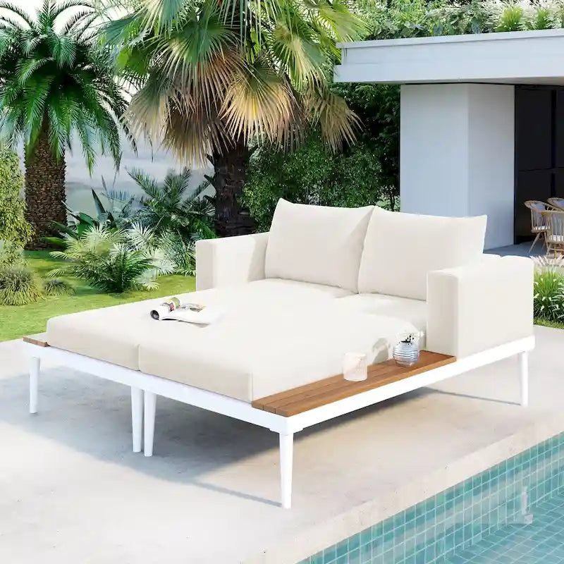 Outdoor Patio Daybed with Acacia Wood Side Spaces