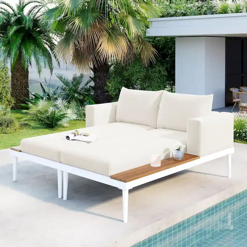 Outdoor Patio Daybed with Acacia Wood Side Spaces
