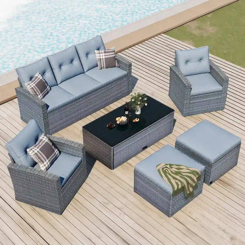 6-Piece All-Weather Wicker PE Rattan Patio Outdoor Conversation Sofa Sectional Set with coffee table and Cushions