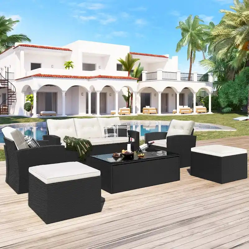 6-Piece All-Weather Wicker PE Rattan Patio Outdoor Conversation Sofa Sectional Set with coffee table and Cushions