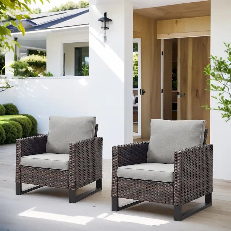 Rattan Patio Chairs with 2 Ottoman - Brown