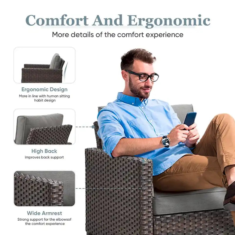 Rattan Patio Chairs with 2 Ottoman - Brown