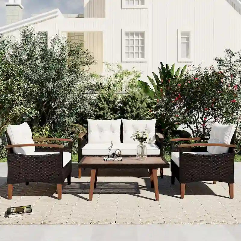 4-Piece Garden Furniture, Patio Seating Set, PE Rattan Outdoor Sofa Set, Wood Table and Legs