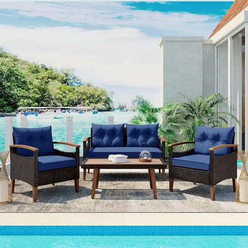 4-Piece Garden Furniture, Patio Seating Set, PE Rattan Outdoor Sofa Set, Wood Table and Legs