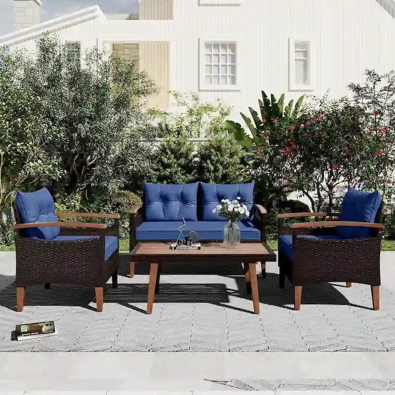 4-Piece Garden Furniture, Patio Seating Set, PE Rattan Outdoor Sofa Set, Wood Table and Legs