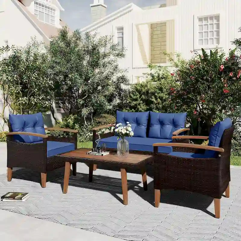 4-Piece Garden Furniture, Patio Seating Set, PE Rattan Outdoor Sofa Set, Wood Table and Legs