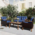 4-Piece Garden Furniture, Patio Seating Set, PE Rattan Outdoor Sofa Set, Wood Table and Legs