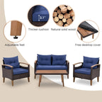 4-Piece Garden Furniture, Patio Seating Set, PE Rattan Outdoor Sofa Set, Wood Table and Legs