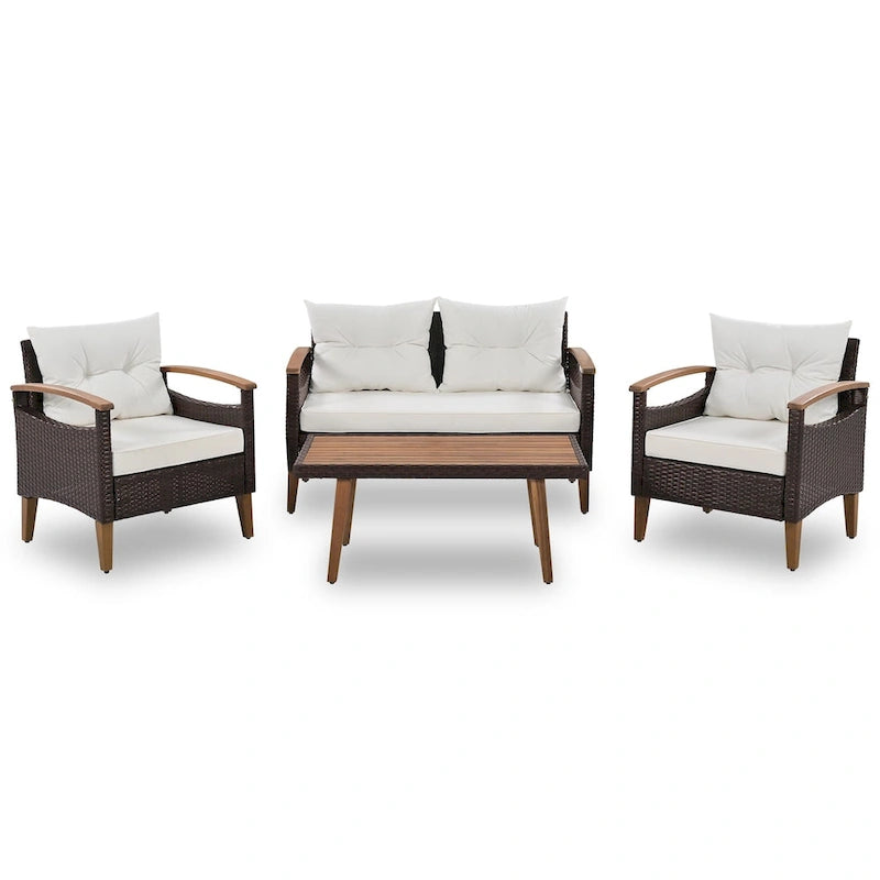 4-Piece Garden Furniture, Patio Seating Set, PE Rattan Outdoor Sofa Set, Wood Table and Legs