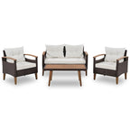 4-Piece Garden Furniture, Patio Seating Set, PE Rattan Outdoor Sofa Set, Wood Table and Legs